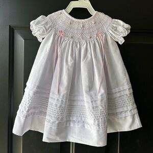 Will’beth Smocked White Dress with Hand Embroidered Flowers Baby Girl | 0-3 M